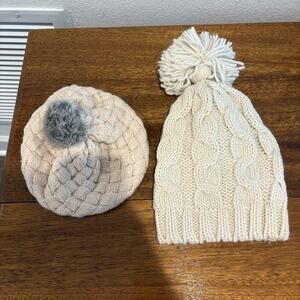 Lot of 2 Beanies babyGap Hat Fitted Girls XS/S Ivory Cable Knit Pom Fleece Lined